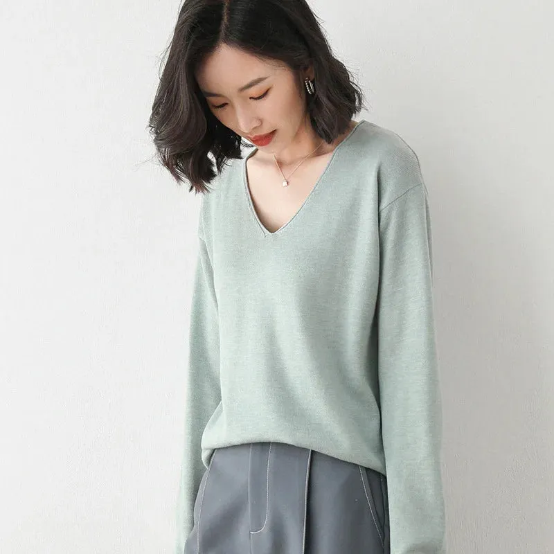 Bonnyshow  Spring Autumn and Winter Curled Cuffs V-neck Long Sleeve Wool Women Pullovers High Elasticity Sweaters Lady Blue Color Knit Tops
