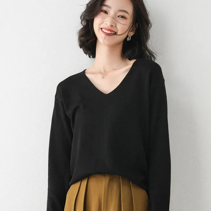 Bonnyshow  Spring Autumn and Winter Curled Cuffs V-neck Long Sleeve Wool Women Pullovers High Elasticity Sweaters Lady Blue Color Knit Tops