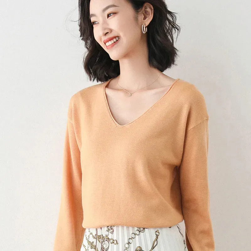 Bonnyshow  Spring Autumn and Winter Curled Cuffs V-neck Long Sleeve Wool Women Pullovers High Elasticity Sweaters Lady Blue Color Knit Tops