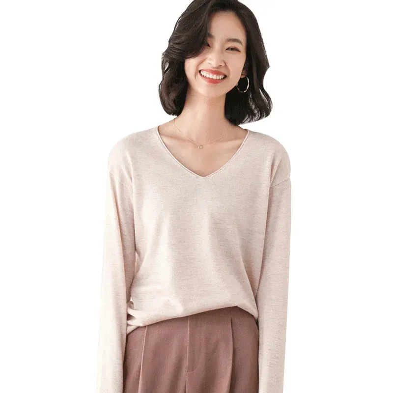 Bonnyshow  Spring Autumn and Winter Curled Cuffs V-neck Long Sleeve Wool Women Pullovers High Elasticity Sweaters Lady Blue Color Knit Tops