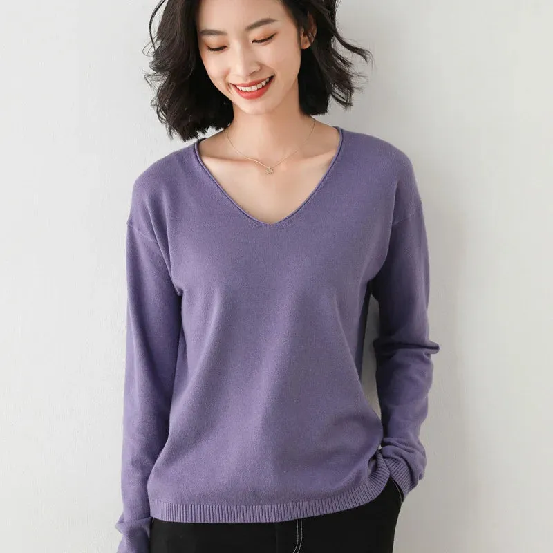 Bonnyshow  Spring Autumn and Winter Curled Cuffs V-neck Long Sleeve Wool Women Pullovers High Elasticity Sweaters Lady Blue Color Knit Tops