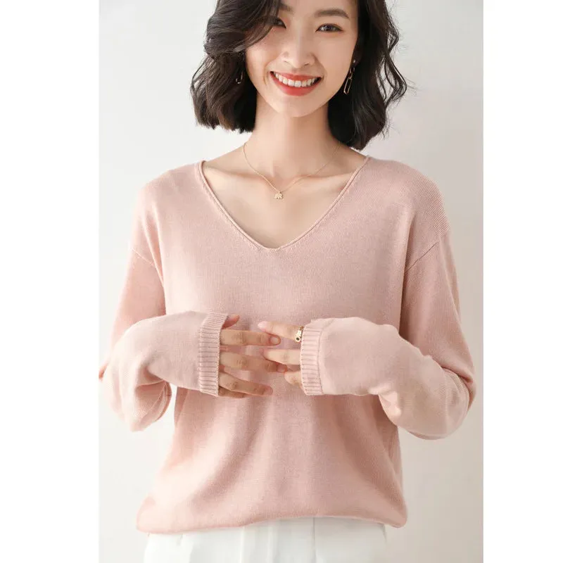Bonnyshow  Spring Autumn and Winter Curled Cuffs V-neck Long Sleeve Wool Women Pullovers High Elasticity Sweaters Lady Blue Color Knit Tops