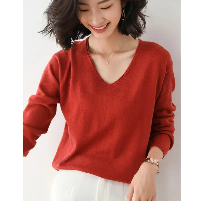 Bonnyshow  Spring Autumn and Winter Curled Cuffs V-neck Long Sleeve Wool Women Pullovers High Elasticity Sweaters Lady Blue Color Knit Tops