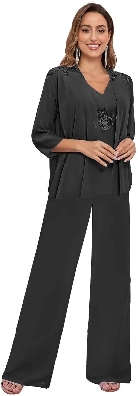BONOYUER 3 Pieces Pant Suits for Women Dressy Wedding Lace V Neck Mother of The Bride Dresses with Jacket