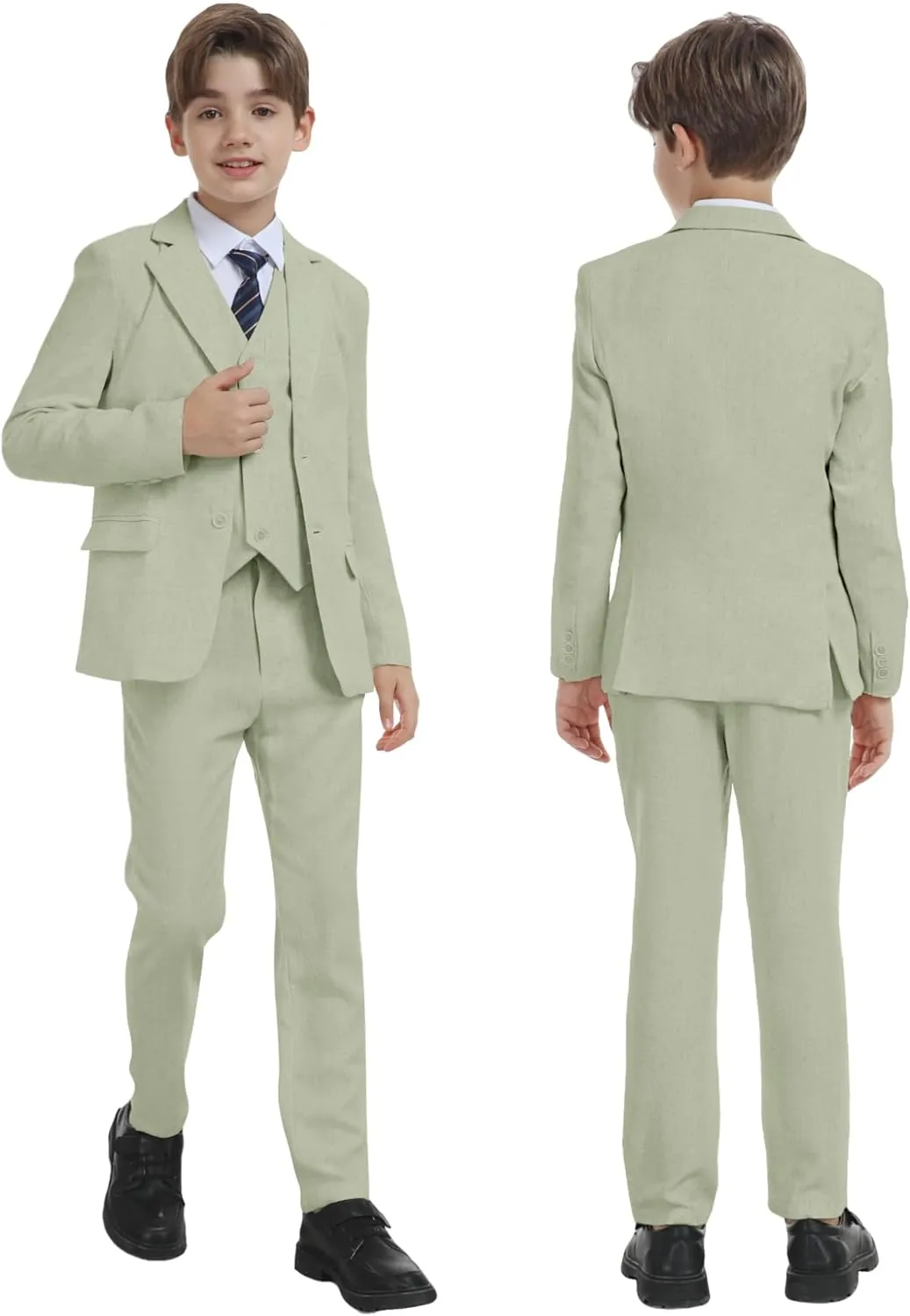 Boys Linen Suit for Kids Formal Tuxedo Suits 3 Piece Wedding Birthday Dress Clothes Slim Jacket Vest Pants Set