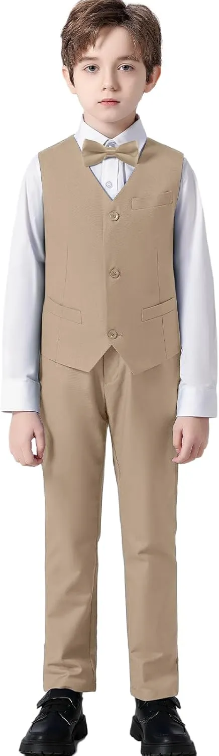 Boys' Suits Formal Slim Fit Tuxedo Boys Vest and Pants Set for Teens Dress Clothes Wedding Outfit with Tie and Bow Tie