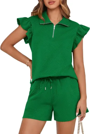 BTFBM Women's 2 Piece Outfits Sweatsuit Zipper V Neck Casual Ruffle Short Sleeve Tops and Drawstring Shorts Lounge Sets
