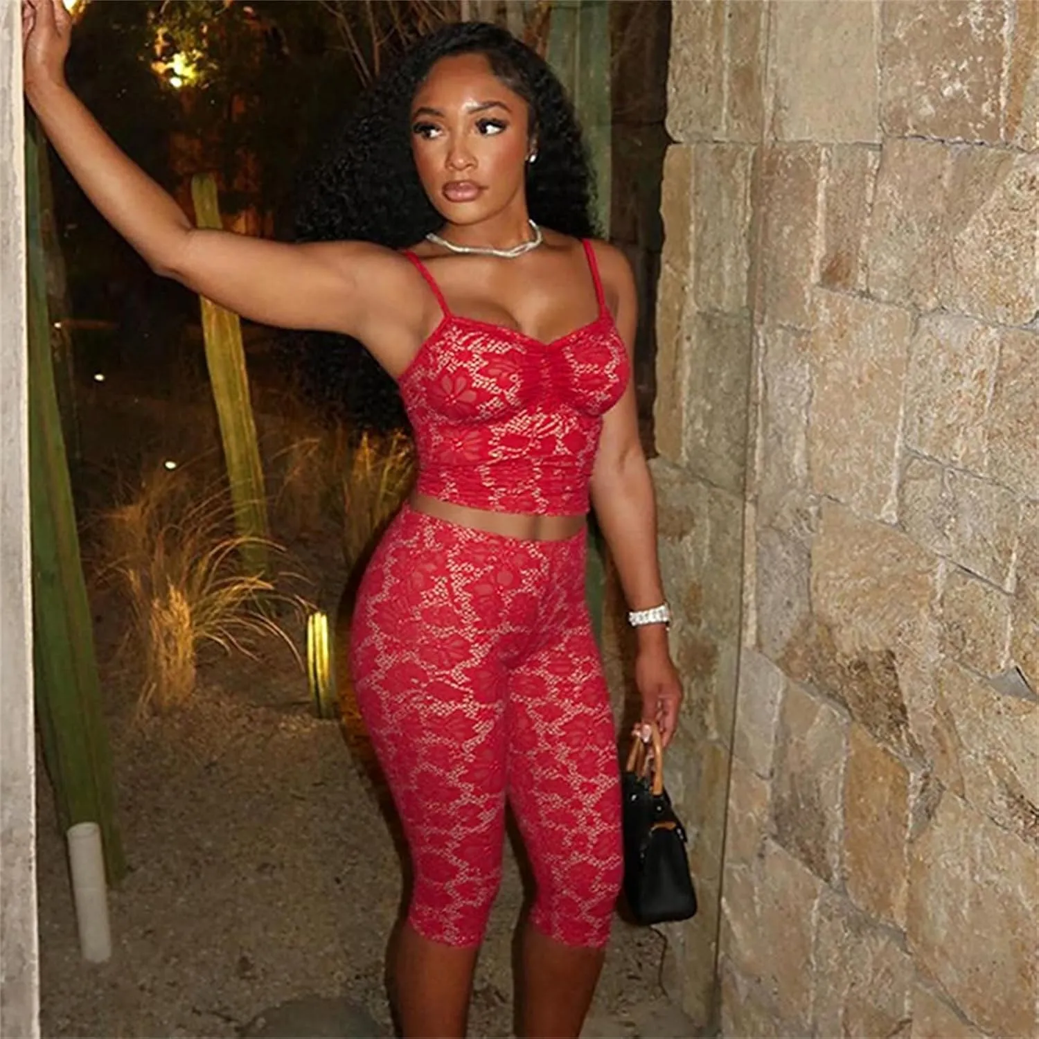CALEBGAR 2 Piece Lingerie sets for Women Sexy Floral Lace Camisole Crop Tops Capri Leggings Jumpsuit Birthday Club Outfits