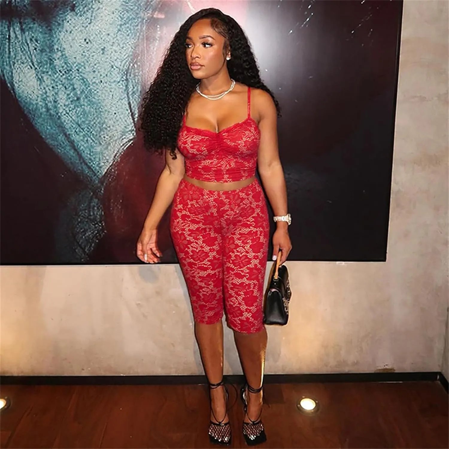 CALEBGAR 2 Piece Lingerie sets for Women Sexy Floral Lace Camisole Crop Tops Capri Leggings Jumpsuit Birthday Club Outfits