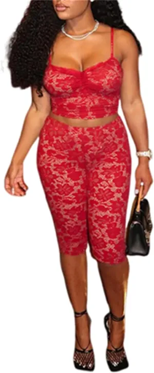 CALEBGAR 2 Piece Lingerie sets for Women Sexy Floral Lace Camisole Crop Tops Capri Leggings Jumpsuit Birthday Club Outfits