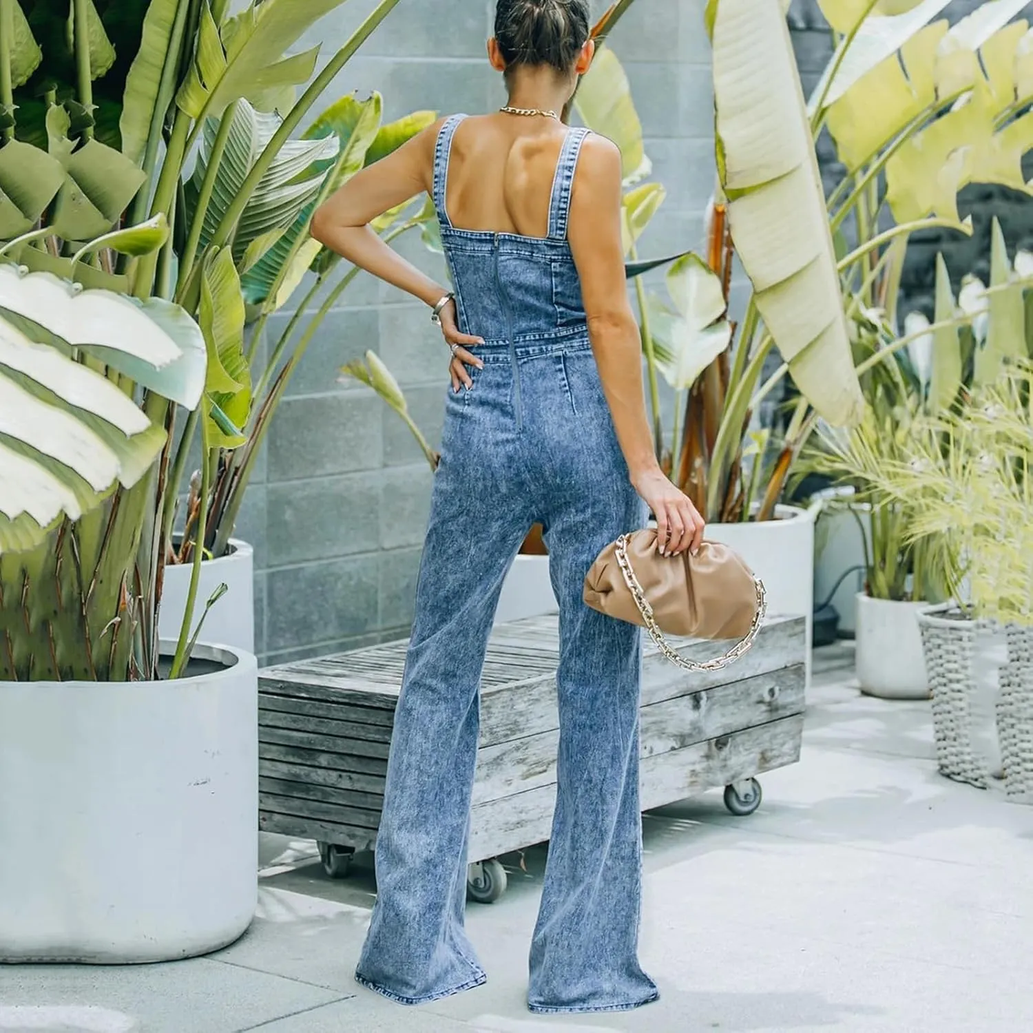 cffvdiz Denim Jumpsuit for Women Sexy Sleeveless Button Down Tank Tops Bell Bottom Jeans Pants Slim Fit Jumpsuit Rompers