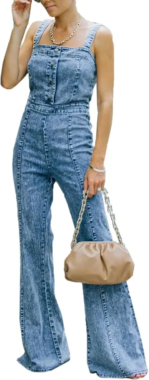 cffvdiz Denim Jumpsuit for Women Sexy Sleeveless Button Down Tank Tops Bell Bottom Jeans Pants Slim Fit Jumpsuit Rompers