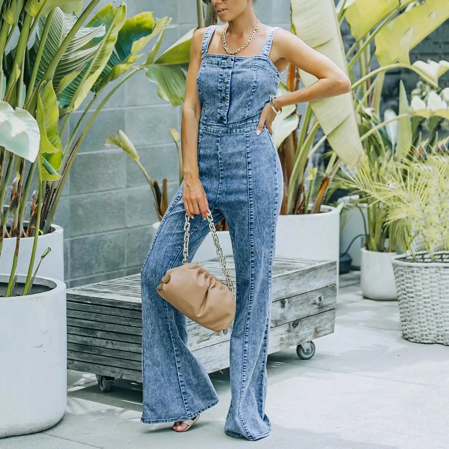 cffvdiz Denim Jumpsuit for Women Sexy Sleeveless Button Down Tank Tops Bell Bottom Jeans Pants Slim Fit Jumpsuit Rompers