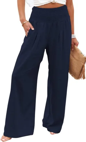 CHARTOU Women's Lightweight Smocked High Waist Straight Leg Cotton Linen Palazzo Beach Pants