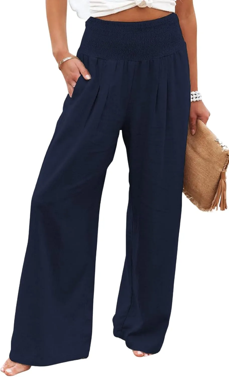CHARTOU Women's Lightweight Smocked High Waist Straight Leg Cotton Linen Palazzo Beach Pants