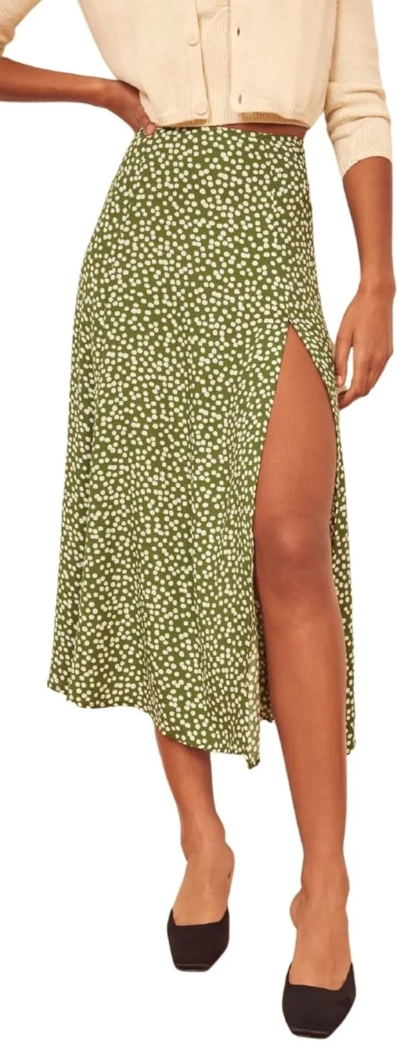 CHARTOU Women's Sexy High Waist Leopard Print Side Slit Boho A-Line Midi Long Skirt