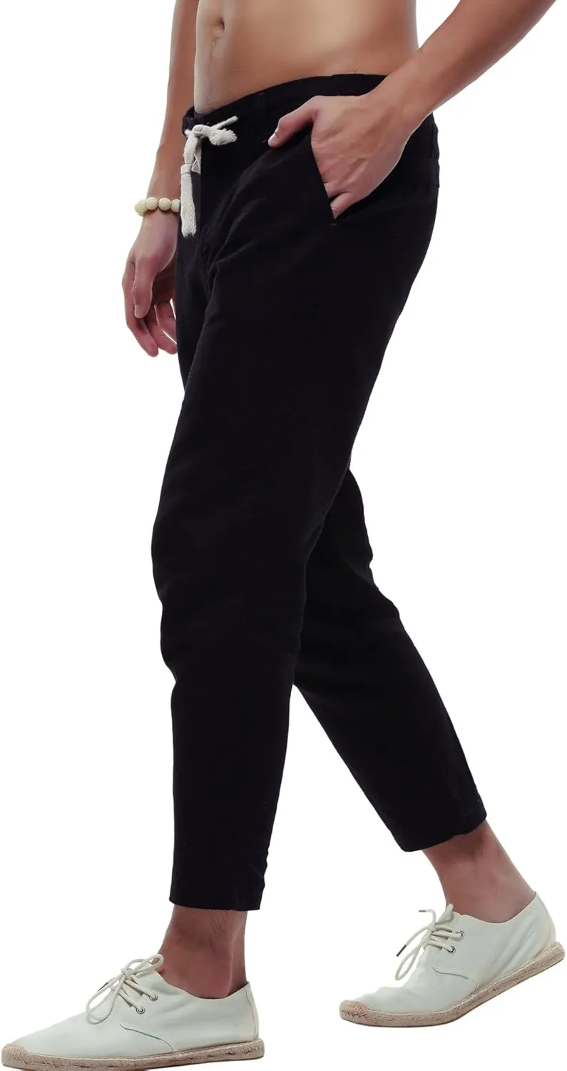 chouyatou Men's Casual Drawstring Straight Fit Beach Linen Capri Pants