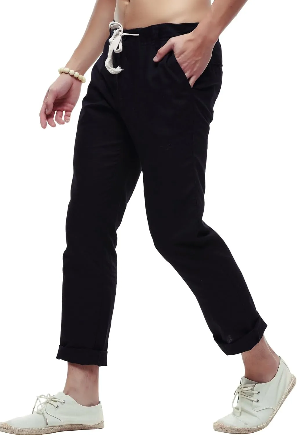 chouyatou Men's Casual Drawstring Straight Fit Beach Linen Capri Pants