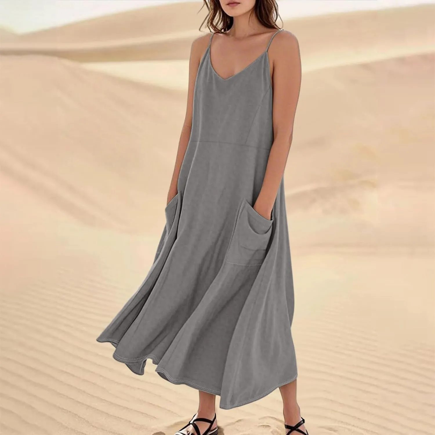 Cotton Linen Sundress for Women Plus Size Sleeveless Spaghetti Strap Midi Dress Loose Beach Vacation with Pockets