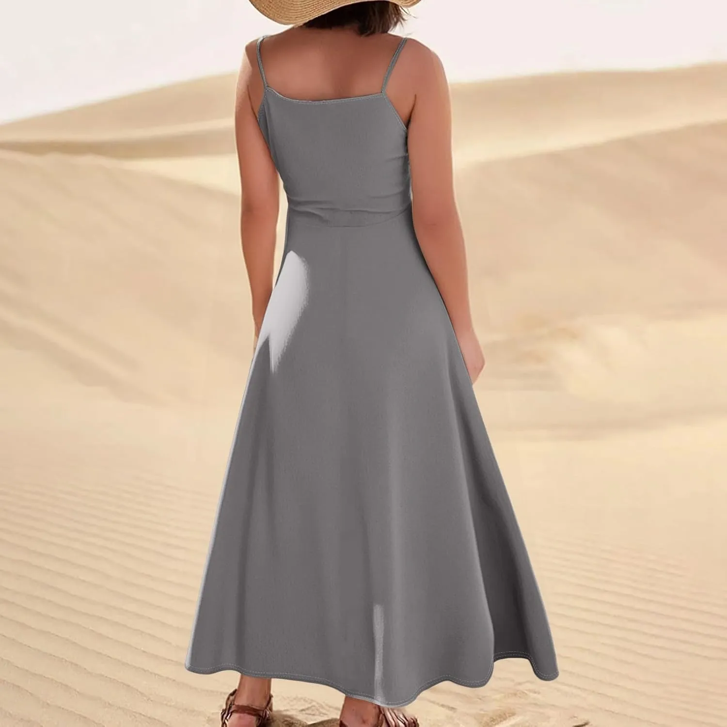 Cotton Linen Sundress for Women Plus Size Sleeveless Spaghetti Strap Midi Dress Loose Beach Vacation with Pockets