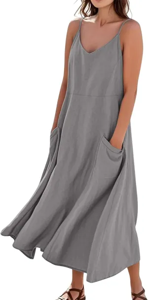 Cotton Linen Sundress for Women Plus Size Sleeveless Spaghetti Strap Midi Dress Loose Beach Vacation with Pockets