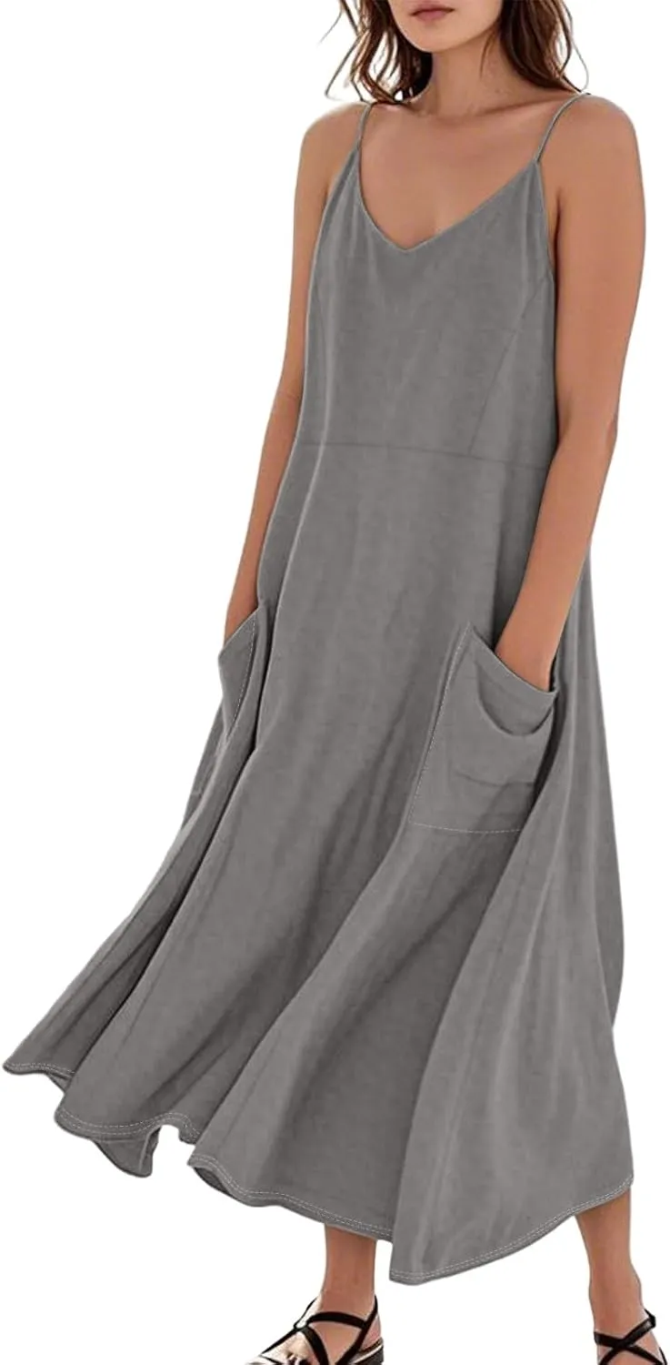 Cotton Linen Sundress for Women Plus Size Sleeveless Spaghetti Strap Midi Dress Loose Beach Vacation with Pockets