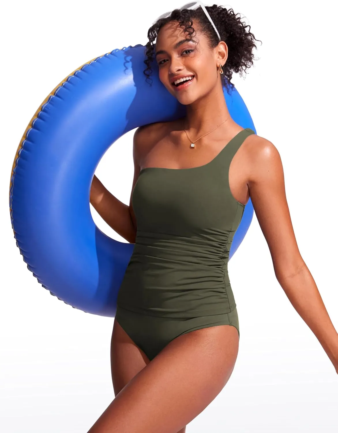 CRZ YOGA One Shoulder Tankini Tops for Women Ruched Bathing Suits Tummy Control Adjustable Swimsuit Only No Bottom Padded