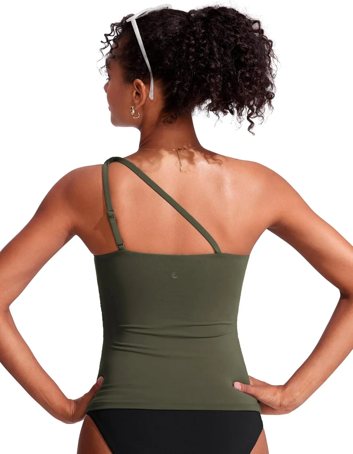 CRZ YOGA One Shoulder Tankini Tops for Women Ruched Bathing Suits Tummy Control Adjustable Swimsuit Only No Bottom Padded
