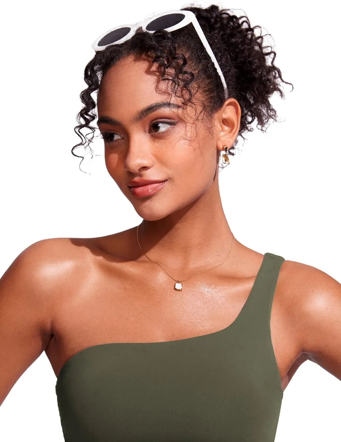 CRZ YOGA One Shoulder Tankini Tops for Women Ruched Bathing Suits Tummy Control Adjustable Swimsuit Only No Bottom Padded