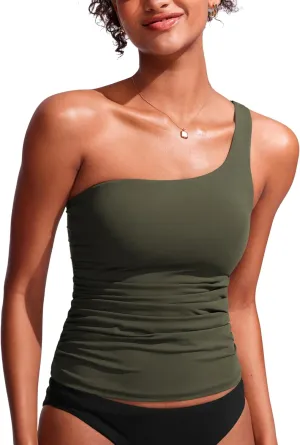 CRZ YOGA One Shoulder Tankini Tops for Women Ruched Bathing Suits Tummy Control Adjustable Swimsuit Only No Bottom Padded
