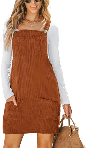 CUPSHE Women Corduroy Summer Dress Front Bib Pocket Square Neck Wide Strap Casual Overall Holiday Vacation Fall Mini Dress