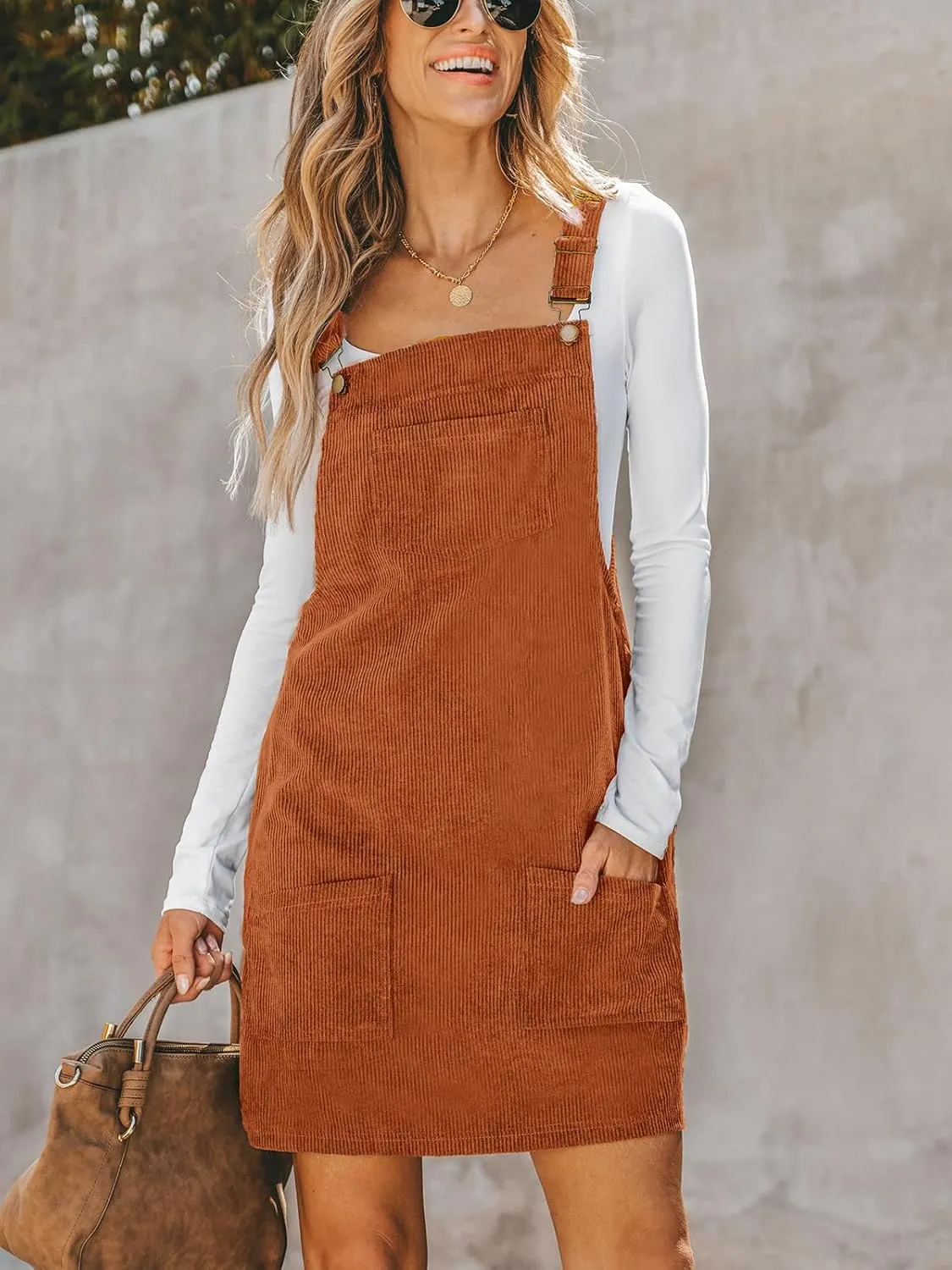 CUPSHE Women Corduroy Summer Dress Front Bib Pocket Square Neck Wide Strap Casual Overall Holiday Vacation Fall Mini Dress