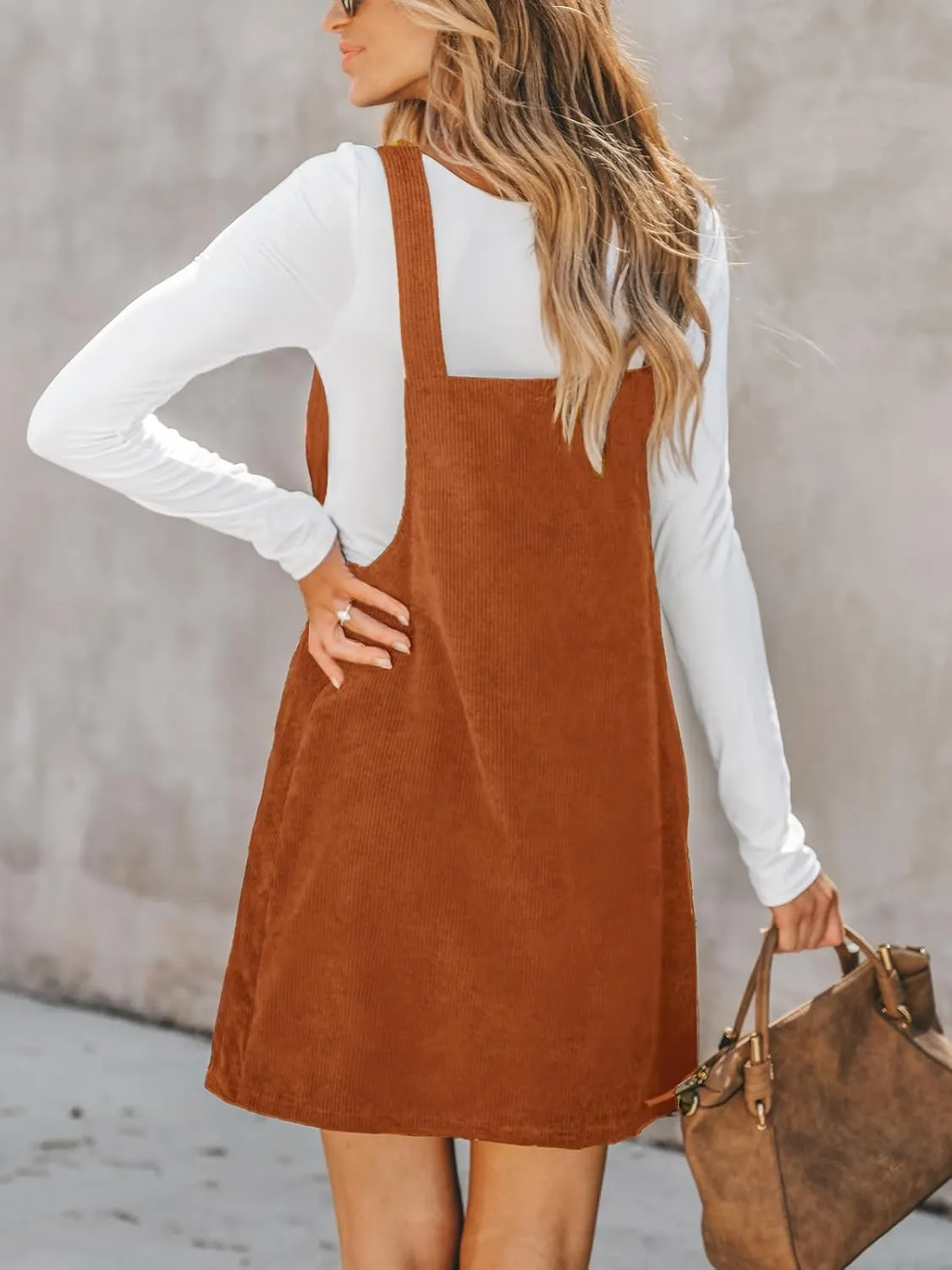 CUPSHE Women Corduroy Summer Dress Front Bib Pocket Square Neck Wide Strap Casual Overall Holiday Vacation Fall Mini Dress