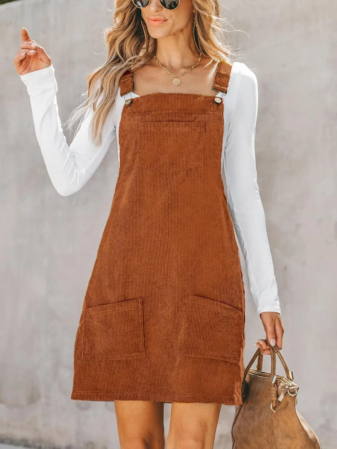 CUPSHE Women Corduroy Summer Dress Front Bib Pocket Square Neck Wide Strap Casual Overall Holiday Vacation Fall Mini Dress