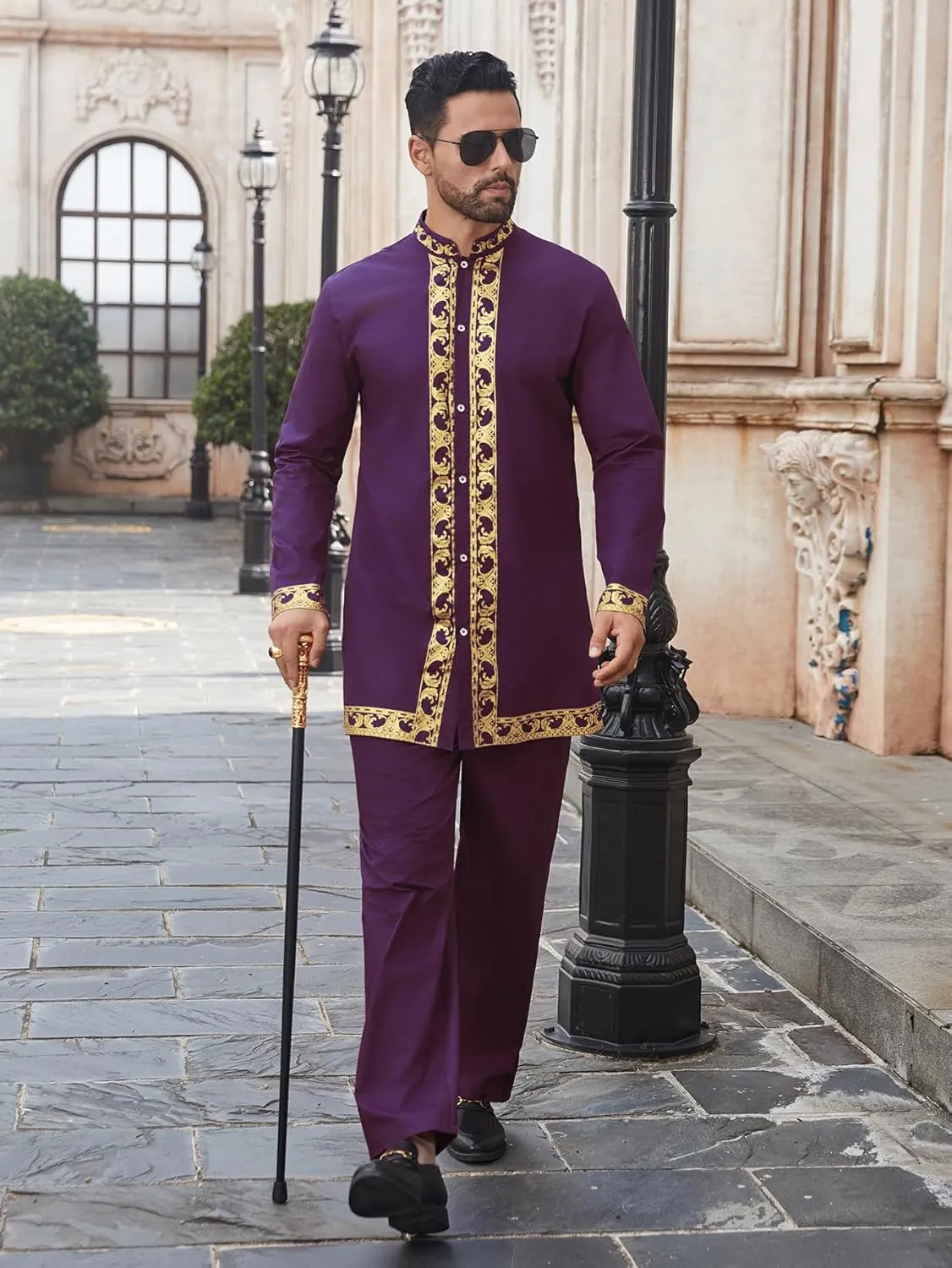 Daupanzees Men's African 2 Piece Set Luxury Traditional Suit Gold Print Dashiki Shirt and Pants Outfit