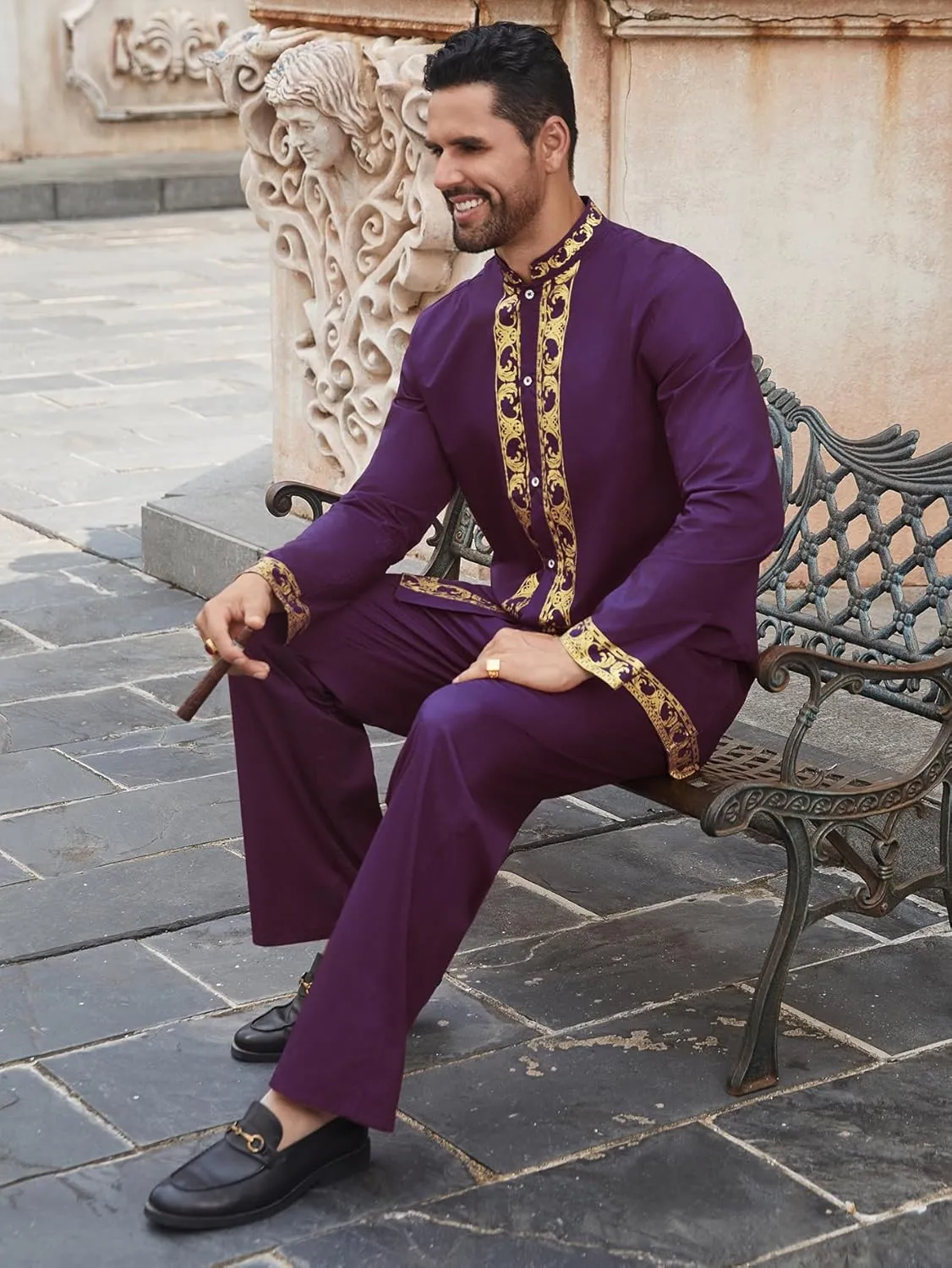 Daupanzees Men's African 2 Piece Set Luxury Traditional Suit Gold Print Dashiki Shirt and Pants Outfit