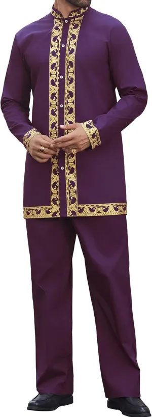Daupanzees Men's African 2 Piece Set Luxury Traditional Suit Gold Print Dashiki Shirt and Pants Outfit