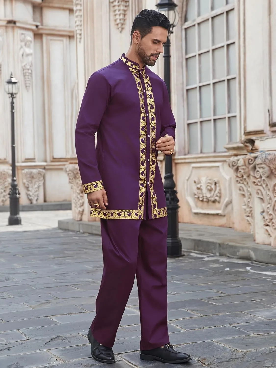 Daupanzees Men's African 2 Piece Set Luxury Traditional Suit Gold Print Dashiki Shirt and Pants Outfit