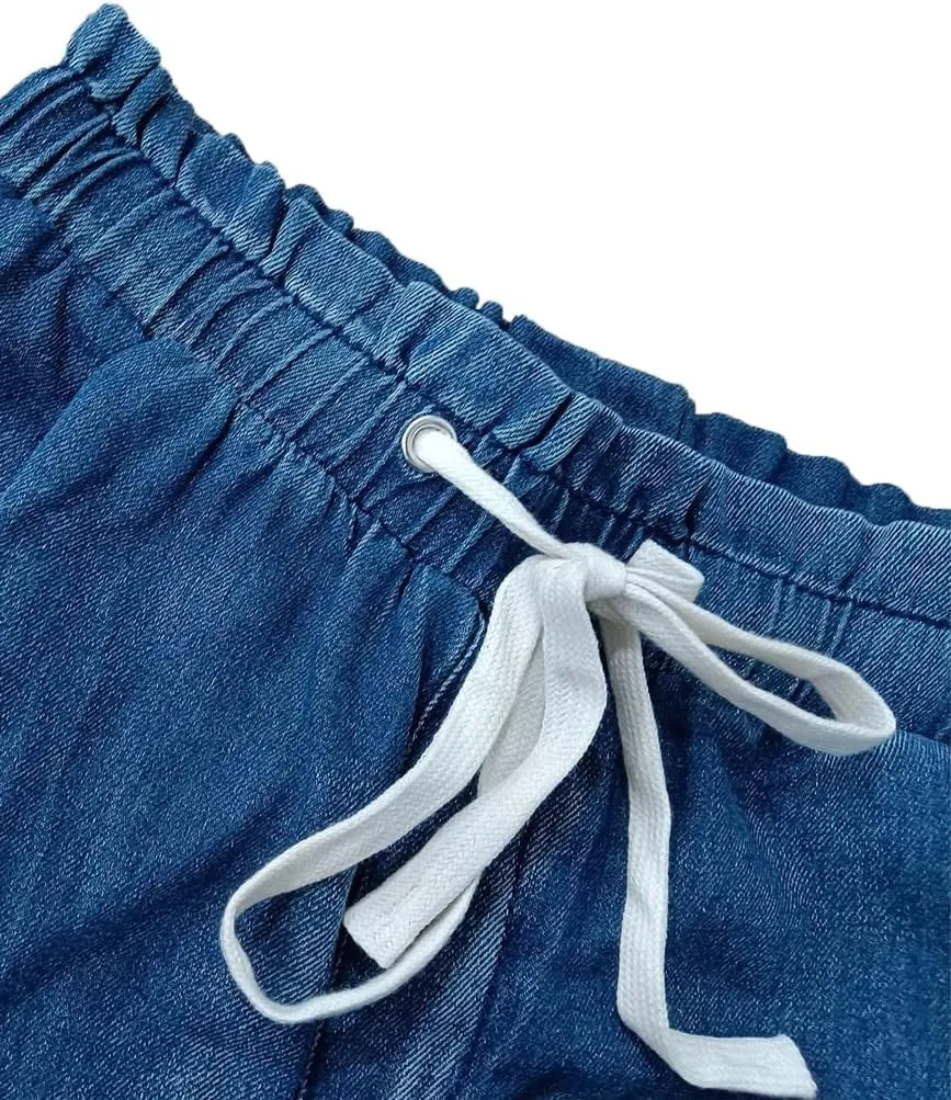 Denim Joggers for Women High Waist Drawstring Loose Wide Leg Oversize Pants with Tie Bow Pockets