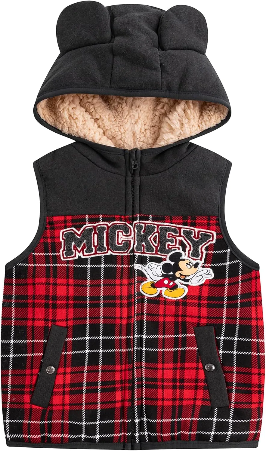 Disney Mickey Mouse Boys Sherpa Lined Hooded Vest, Fleece Pants, and Waffle Knit Crewneck Top 3 Piece Set for Toddlers