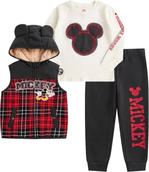 Disney Mickey Mouse Boys Sherpa Lined Hooded Vest, Fleece Pants, and Waffle Knit Crewneck Top 3 Piece Set for Toddlers