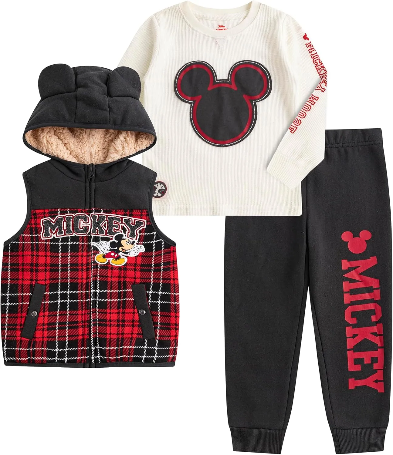 Disney Mickey Mouse Boys Sherpa Lined Hooded Vest, Fleece Pants, and Waffle Knit Crewneck Top 3 Piece Set for Toddlers