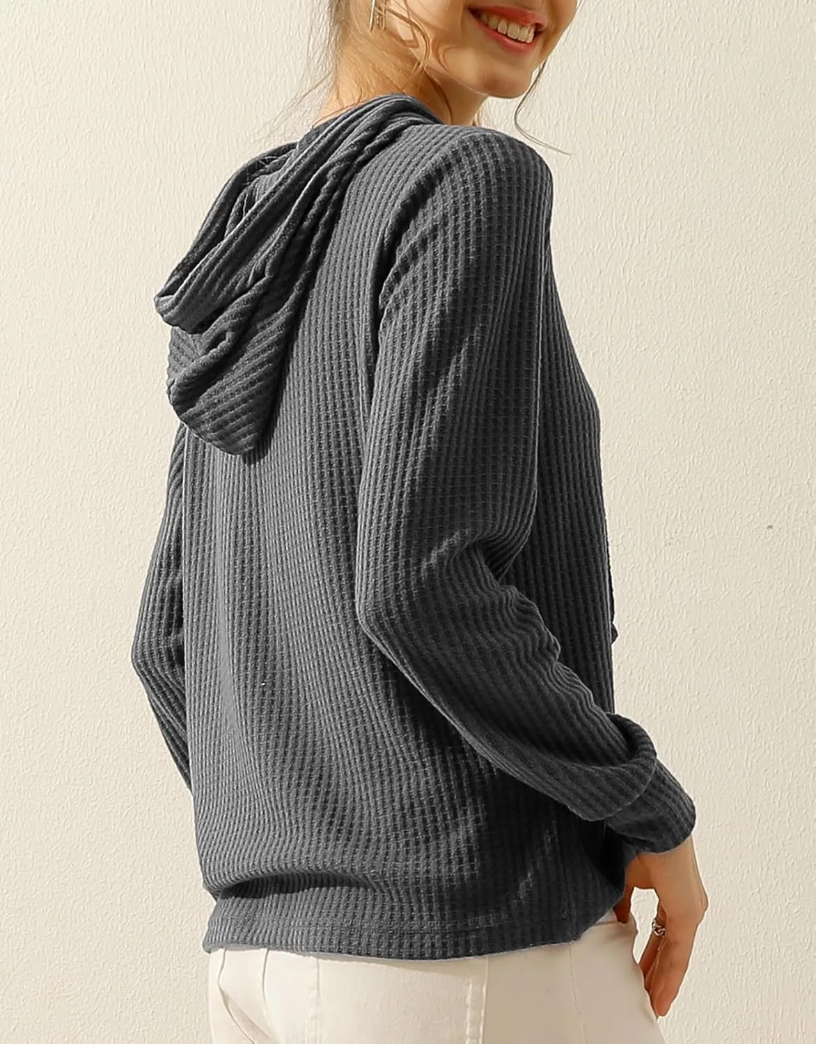 DOUBLJU 2 Pack Casual Long Sleeve Oversized Hoodies Waffle Knit Sweatshirts Basic Hooded Loose Tops Workout Sets for Women