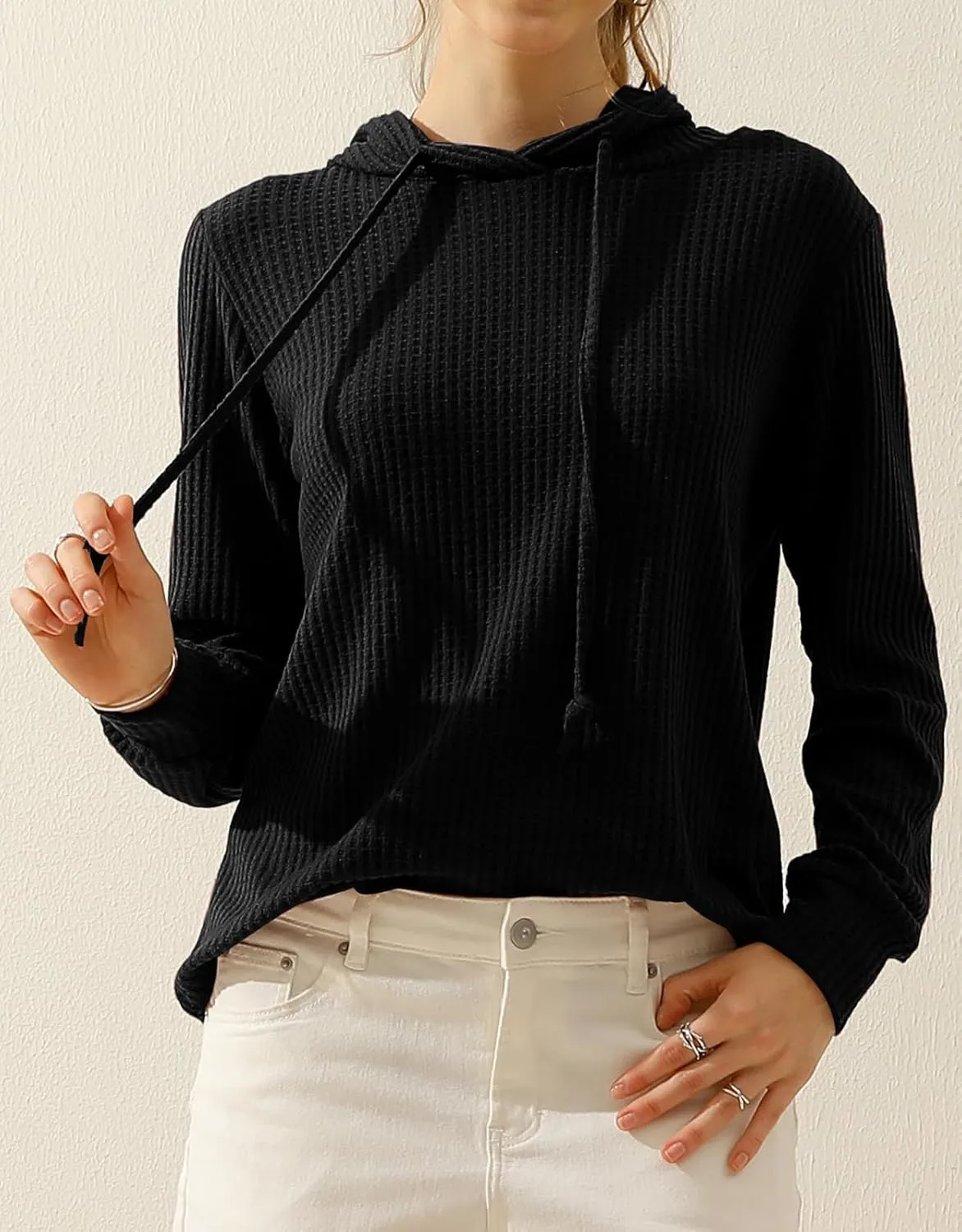 DOUBLJU 2 Pack Casual Long Sleeve Oversized Hoodies Waffle Knit Sweatshirts Basic Hooded Loose Tops Workout Sets for Women