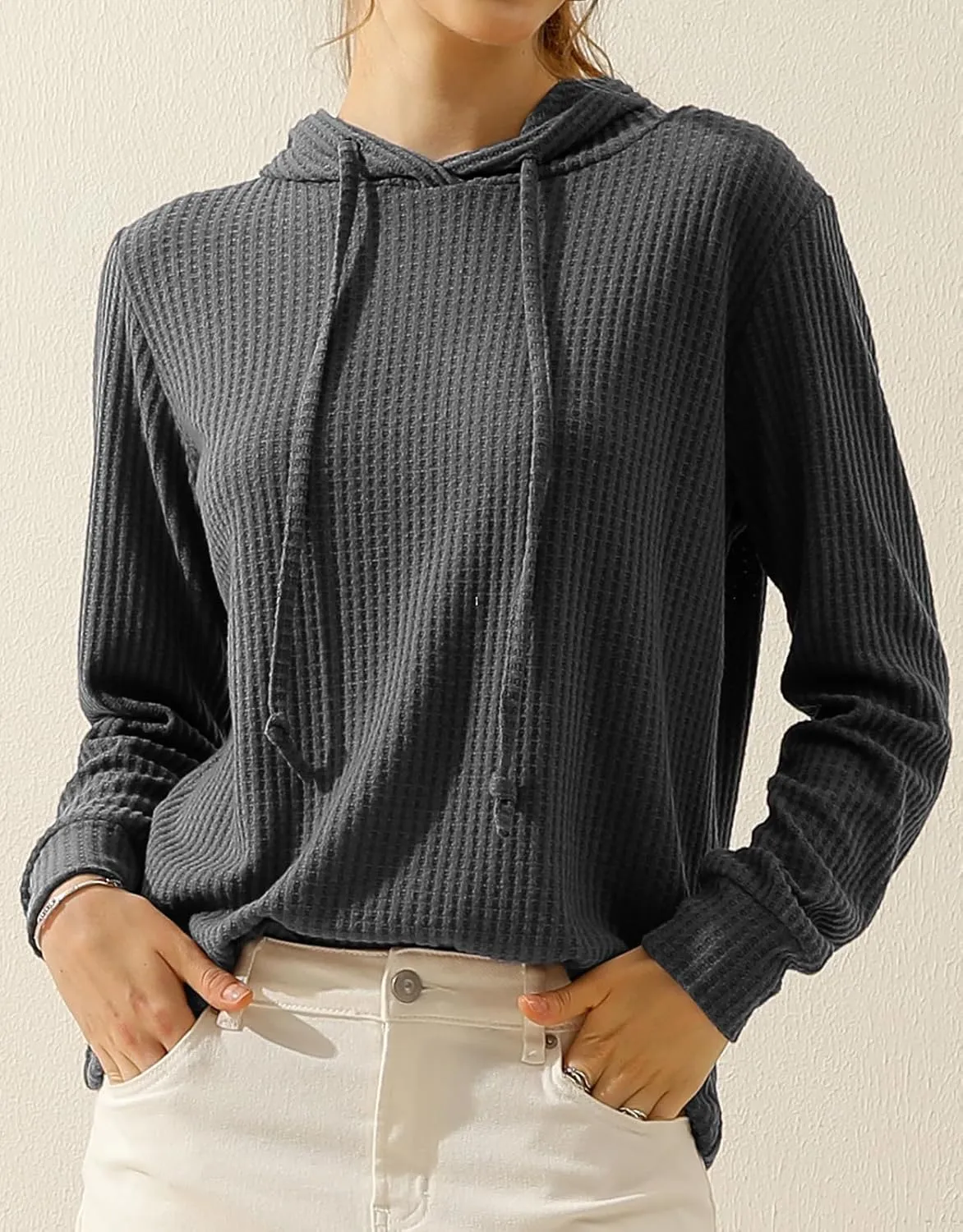DOUBLJU 2 Pack Casual Long Sleeve Oversized Hoodies Waffle Knit Sweatshirts Basic Hooded Loose Tops Workout Sets for Women