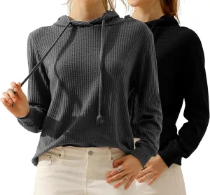 DOUBLJU 2 Pack Casual Long Sleeve Oversized Hoodies Waffle Knit Sweatshirts Basic Hooded Loose Tops Workout Sets for Women