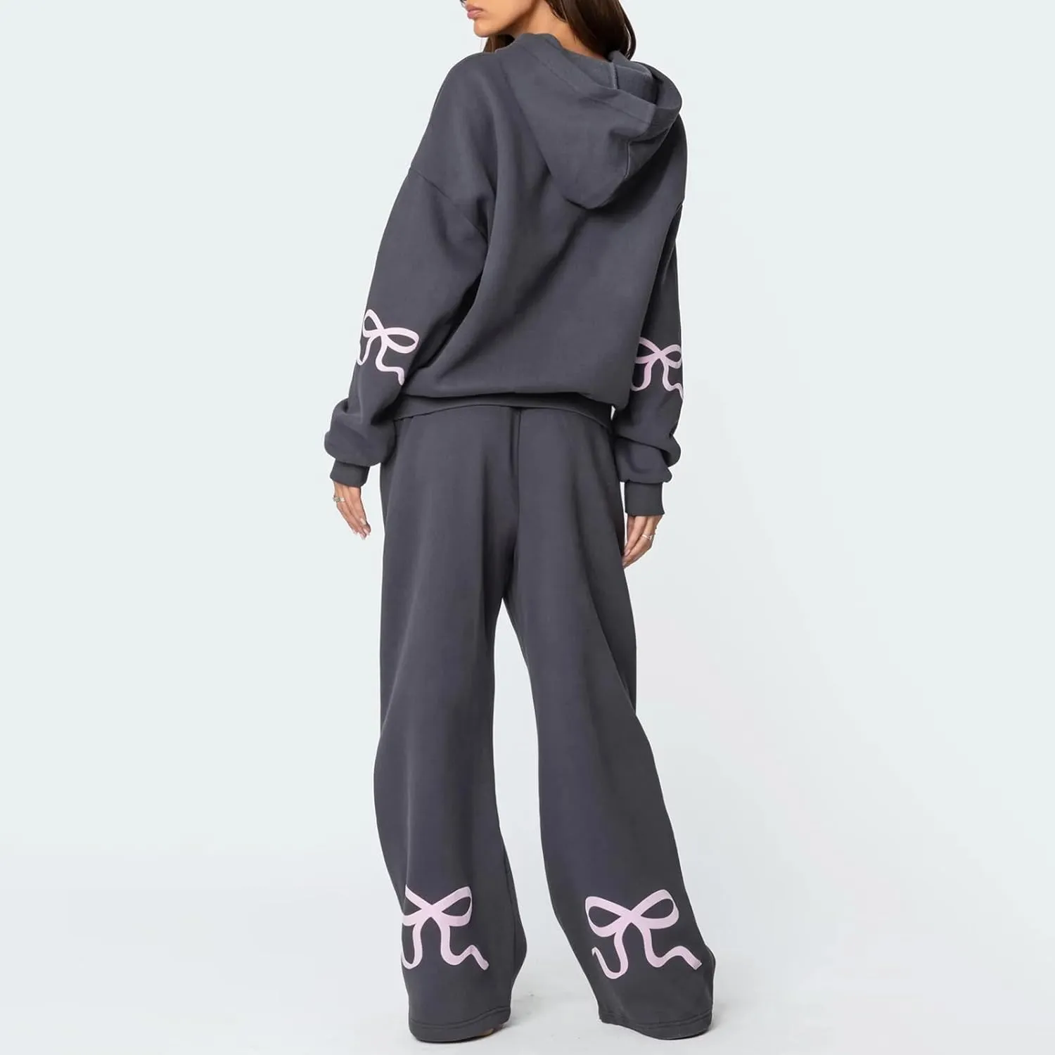 DSORVICD Women 2 Piece Outfits Y2k Bow Embroidery Long Sleeve Oversized Hoodie Baggy Sweatpants Bow Tie Sweatsuit Streetwear