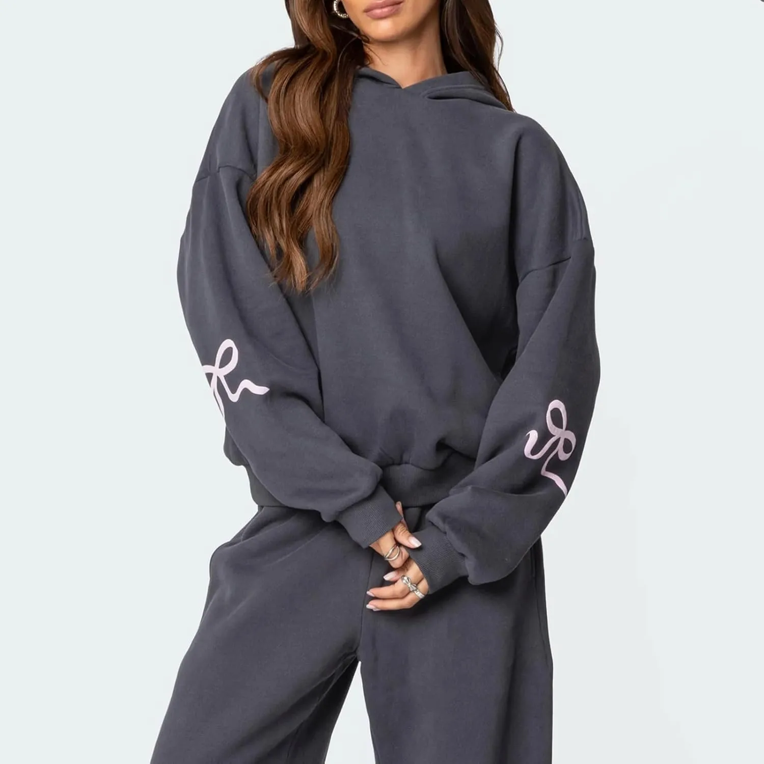 DSORVICD Women 2 Piece Outfits Y2k Bow Embroidery Long Sleeve Oversized Hoodie Baggy Sweatpants Bow Tie Sweatsuit Streetwear