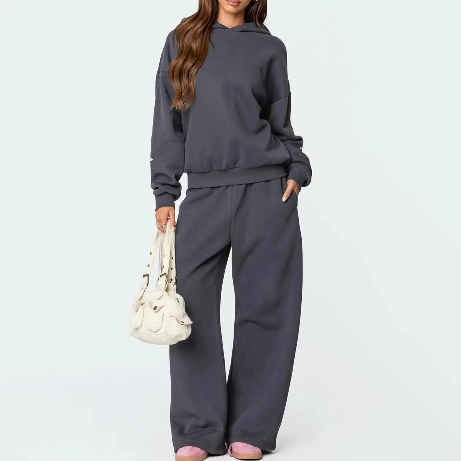 DSORVICD Women 2 Piece Outfits Y2k Bow Embroidery Long Sleeve Oversized Hoodie Baggy Sweatpants Bow Tie Sweatsuit Streetwear
