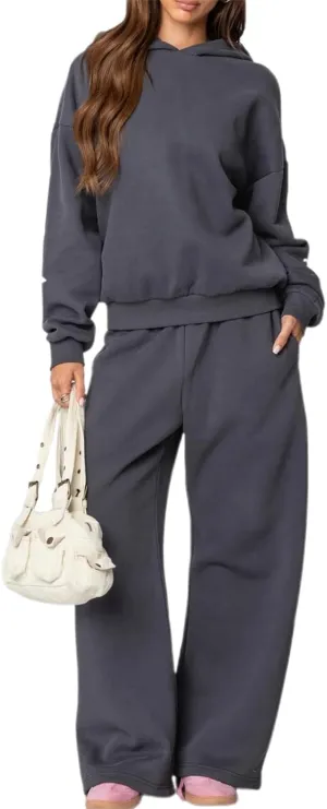 DSORVICD Women 2 Piece Outfits Y2k Bow Embroidery Long Sleeve Oversized Hoodie Baggy Sweatpants Bow Tie Sweatsuit Streetwear